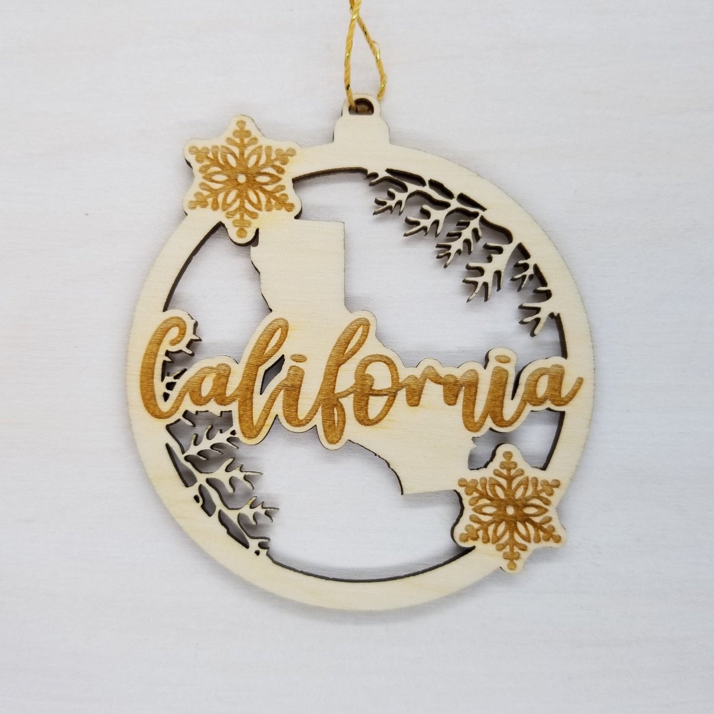 California Wood Ornament -  CA State Shape with Snowflakes Cutout - Handmade Wood Ornament Made in USA Christmas Decor