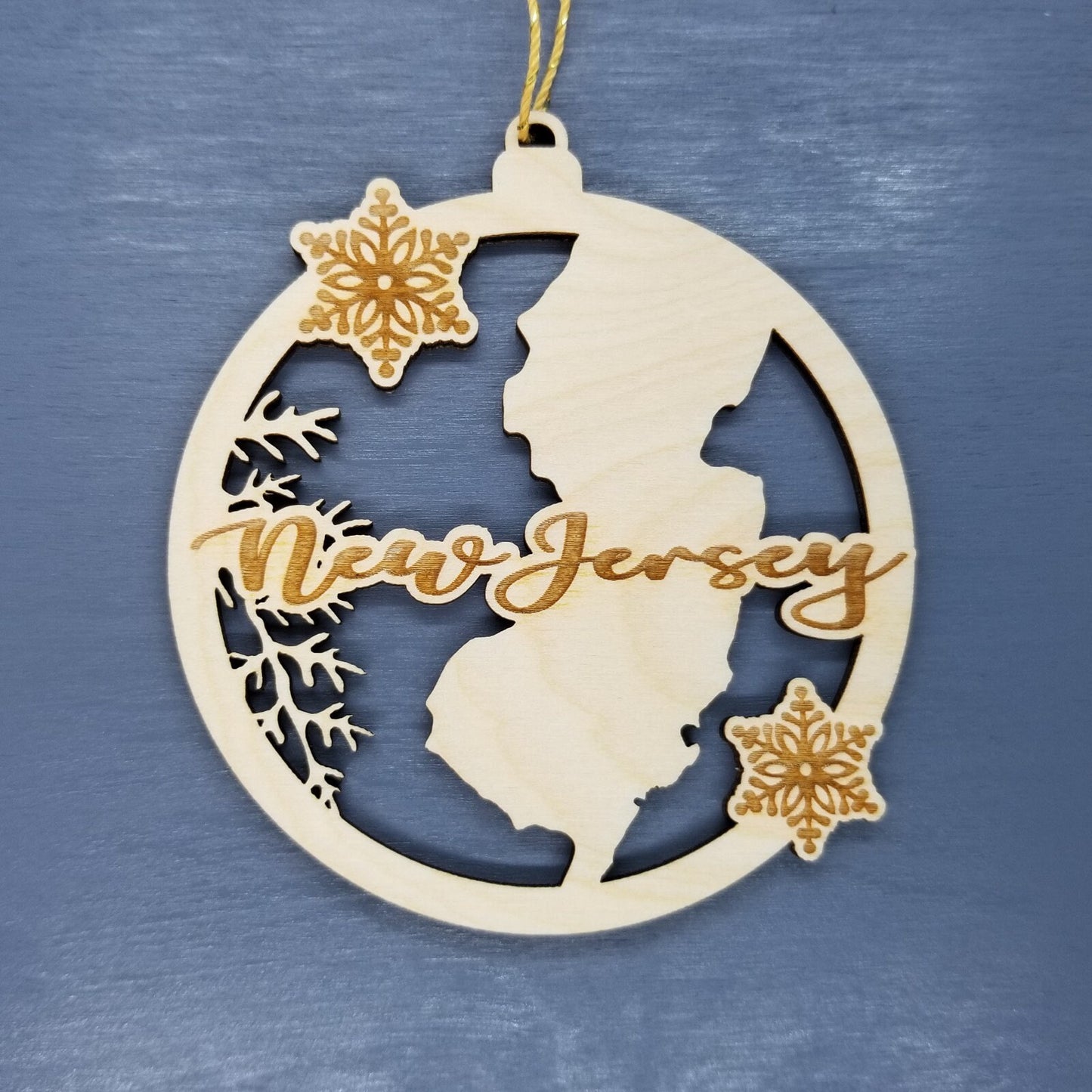 New Jersey Ornament - State Shape with Snowflakes Cutout NJ - Handmade Wood Ornament Made in USA Christmas Decor