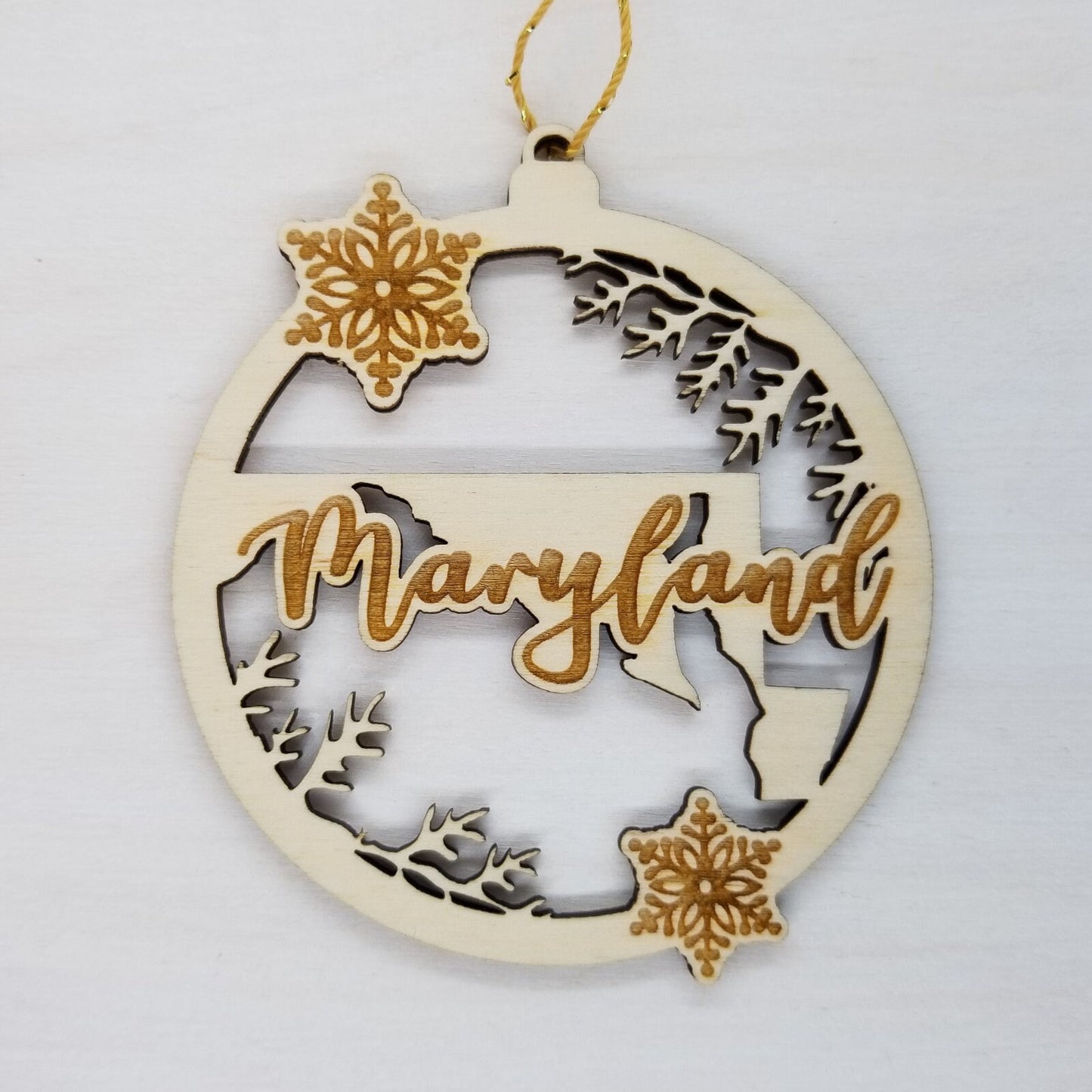 Maryland Wood Ornament -  State Shape with Snowflakes Cutout MD - Handmade Wood Ornament Made in USA Christmas Decor