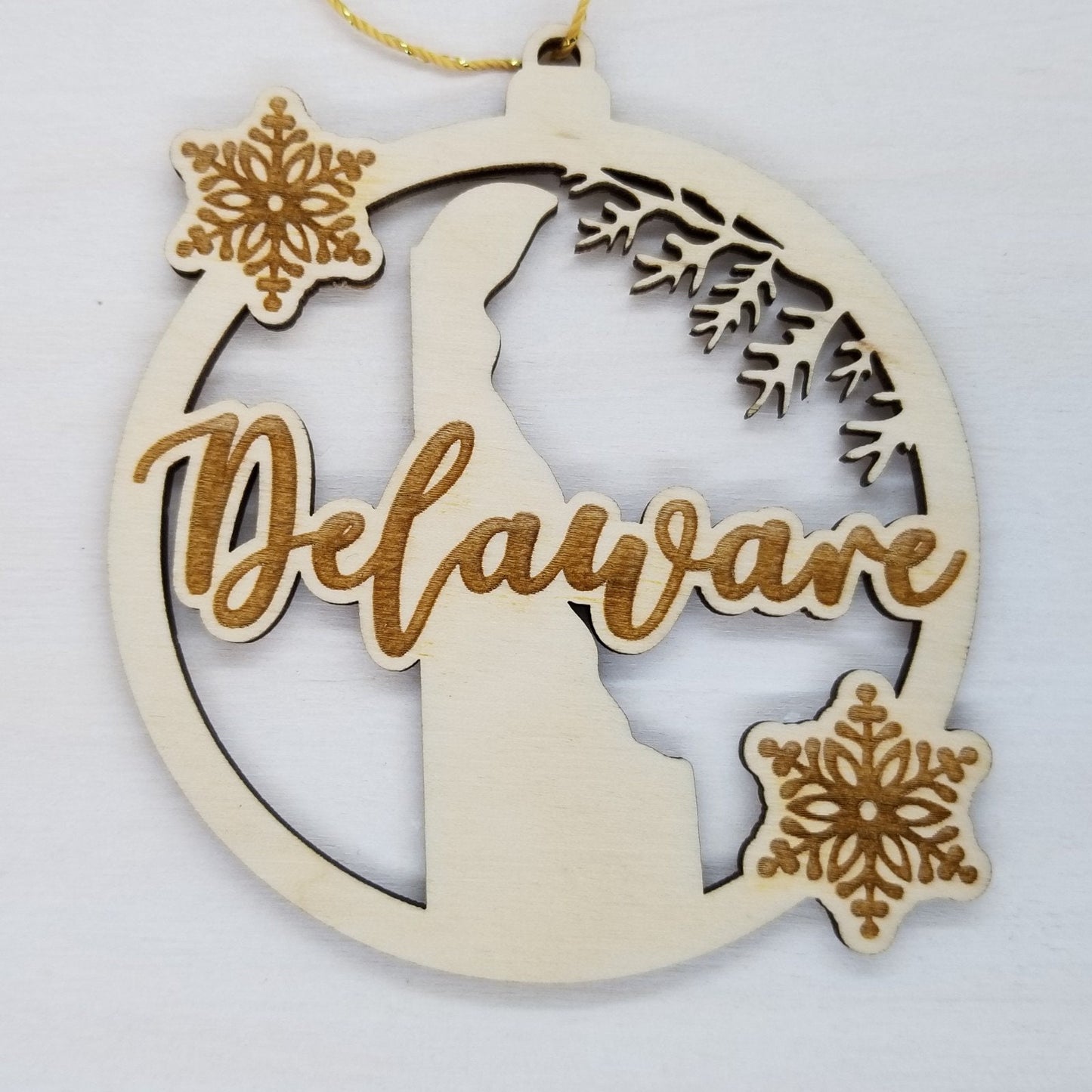 Delaware Wood Ornament -  DE State Shape with Snowflakes Cutout - Handmade Wood Ornament Made in USA Christmas Decor