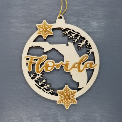 Florida Wood Ornament -  FL State Shape with Snowflakes Cutout - Handmade Wood Ornament Made in USA Christmas Decor