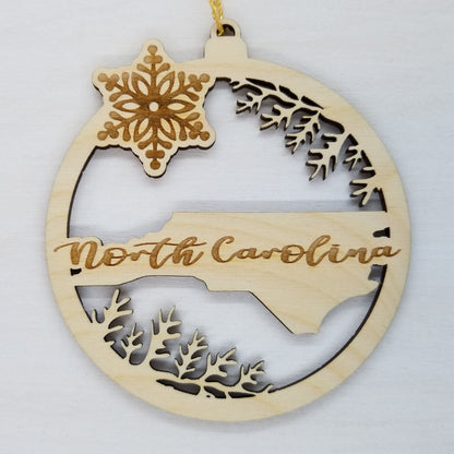 North Carolina Wood Ornament -  NC State Shape with Snowflakes Cutout - Handmade Wood Ornament Made in USA Christmas Decor