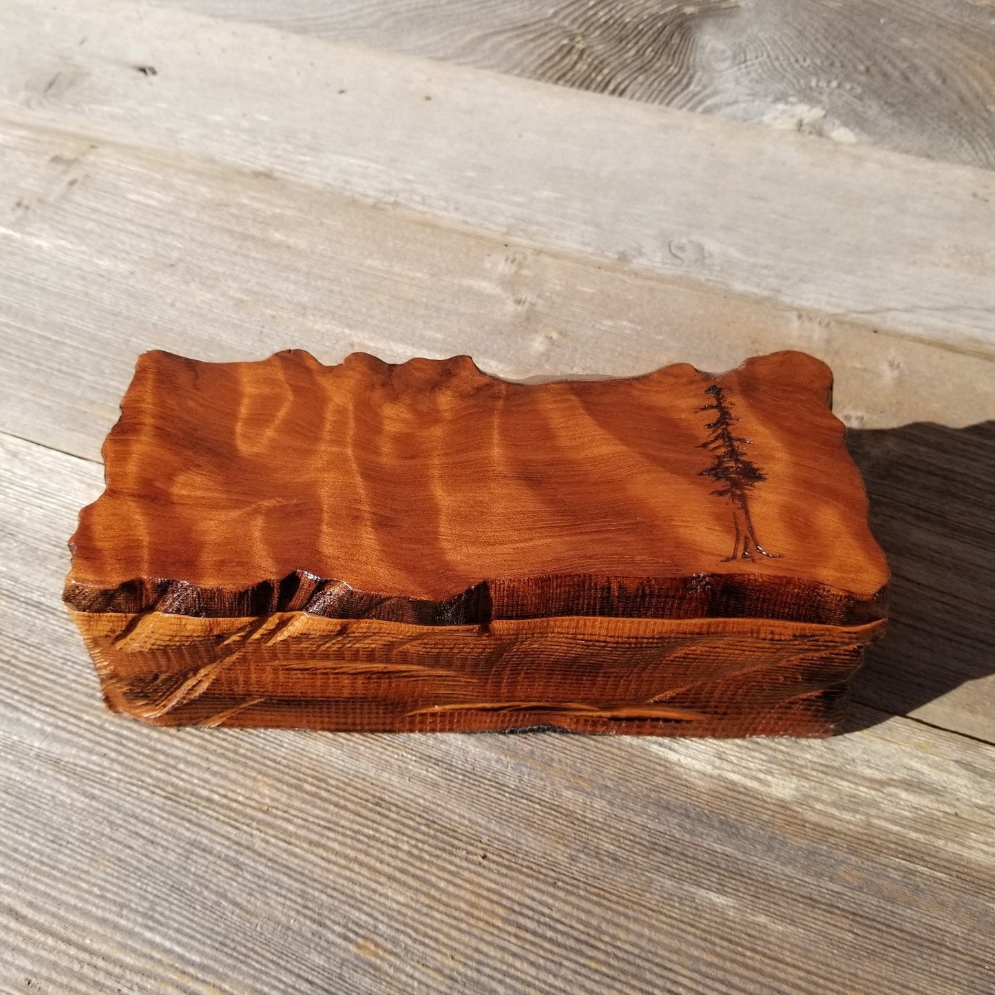 Redwood Jewelry Box Curly Wood Engraved Rustic Handmade California #438 Memento Box, Valentine's Day Gift