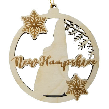 New Hampshire Wood Ornament -  NH State Shape with Snowflakes Cutout - Handmade Wood Ornament Made in USA Christmas Decor