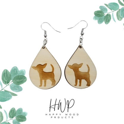 Wood Earrings - Chihuahua Puppy Dog Engraved Teardrop Wood Earrings - Dangle Earrings - Gift