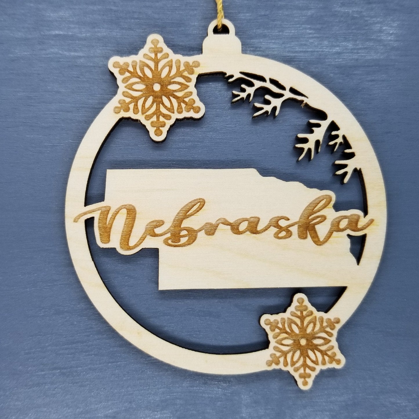 Nebraska Wood Ornament -  State Shape with Snowflakes Cutout NE- Handmade Wood Ornament Made in USA Christmas Decor