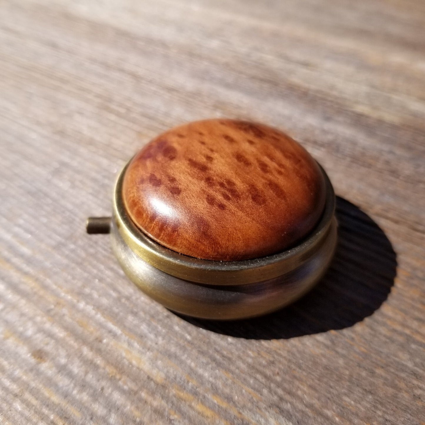 California Burl  Handmade Pill Box 3 Sections Redwood Top Souvenir Memento Rustic Antique Bronze #419