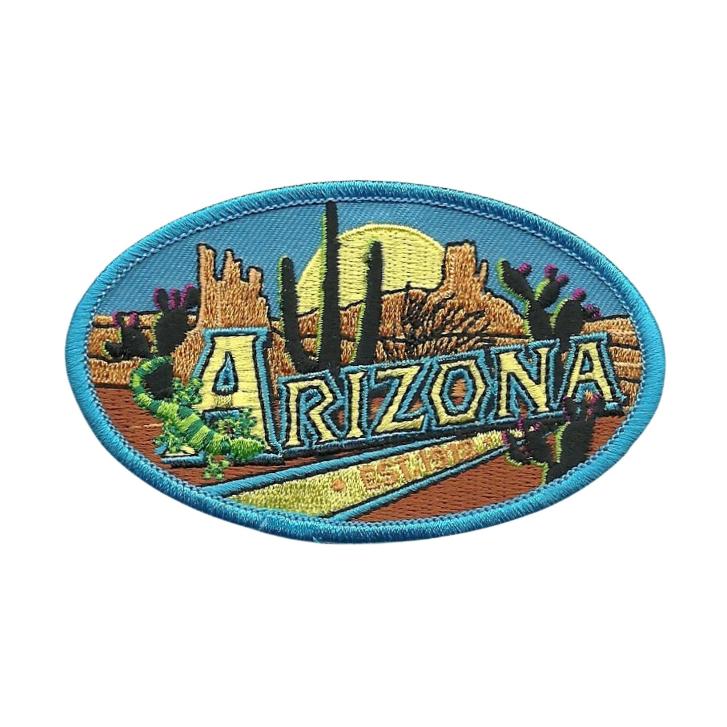 Arizona Patch – Gecko Cactus Rock Formations Sun – Travel Patch AZ Souvenir Applique AZ State 3" Iron On Oval Grand Canyon State