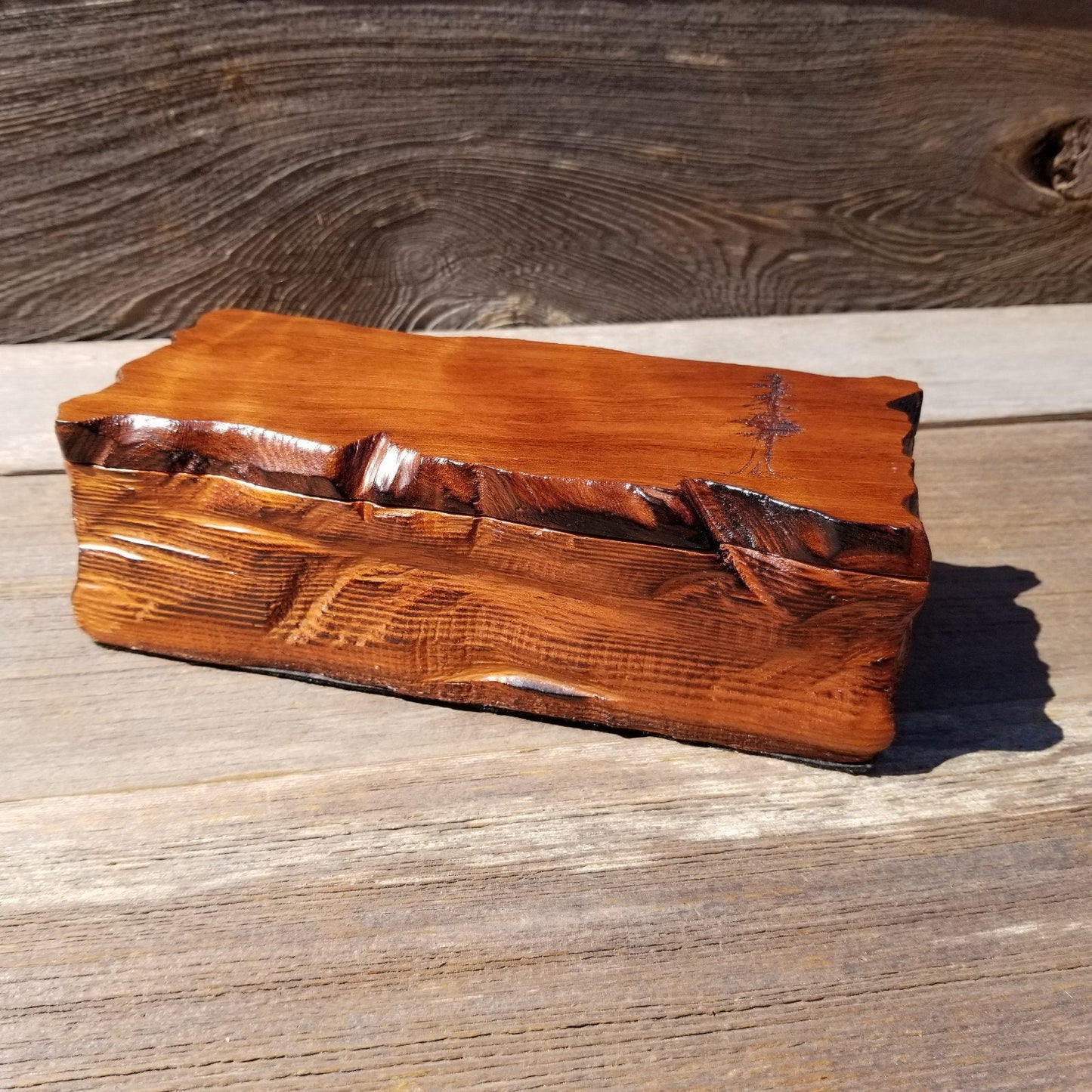 Handmade Wood Box with Redwood Tree Engraved Rustic Handmade Curly Wood #494 California Redwood Jewelry Box Storage Box