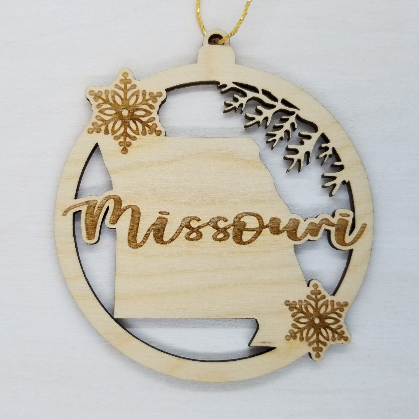 Missouri Wood Ornament -  MO State Shape with Snowflakes Cutout - Handmade Wood Ornament Made in USA Christmas Decor