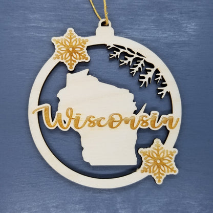 Wholesale Wisconsin Wood Ornament - WI State Shape with Snowflakes Cutout Souvenir