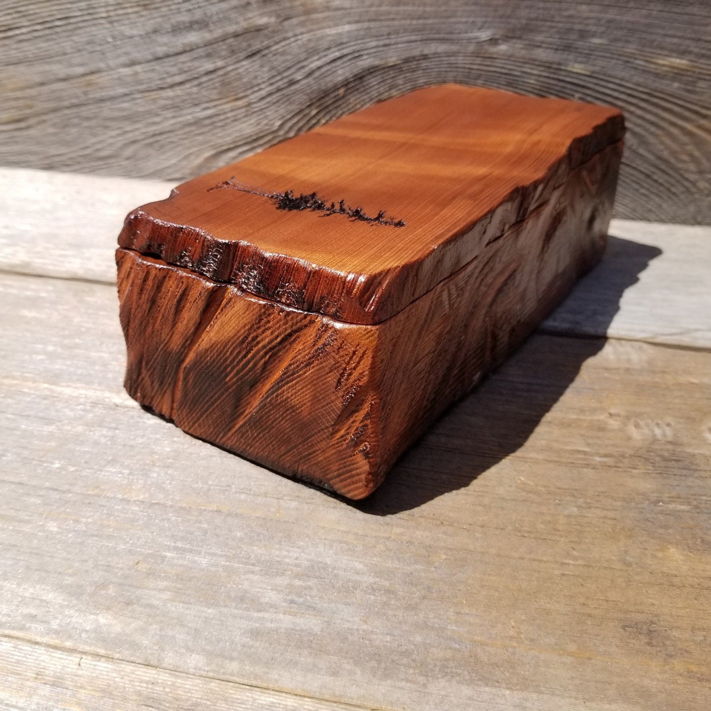 Handmade Wood Box with Redwood Tree Engraved Rustic Handmade Curly Wood #472 California Redwood Jewelry Box Storage Box