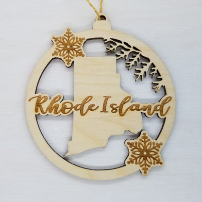 Rhode Island Wood Ornament -  State Shape with Snowflakes Cutout RI - Handmade Wood Ornament Made in USA Christmas Decor