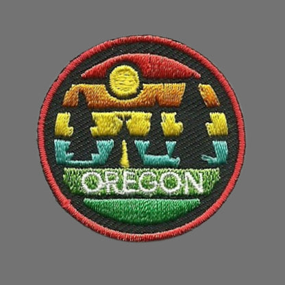 Oregon Patch – OR State Travel Patch Souvenir Applique 1.5" Iron On Retro Sunset Trees Tent Sun Circle