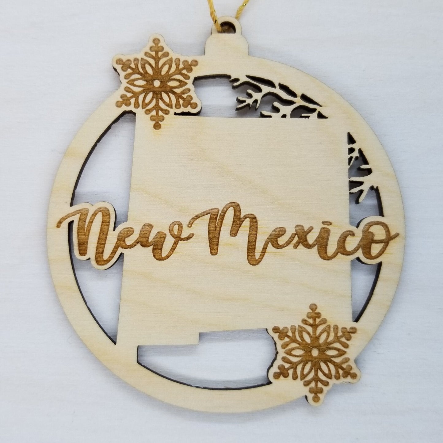 New Mexico Wood Ornament -  State Shape with Snowflakes Cutout NM - Handmade Wood Ornament Made in USA Christmas Decor