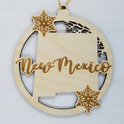 New Mexico Wood Ornament -  State Shape with Snowflakes Cutout NM - Handmade Wood Ornament Made in USA Christmas Decor