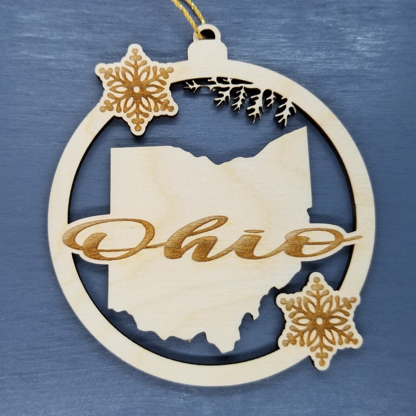 Ohio Wood Ornament -  State Shape with Snowflakes Cutout OH - Handmade Wood Ornament Made in USA Christmas Decor