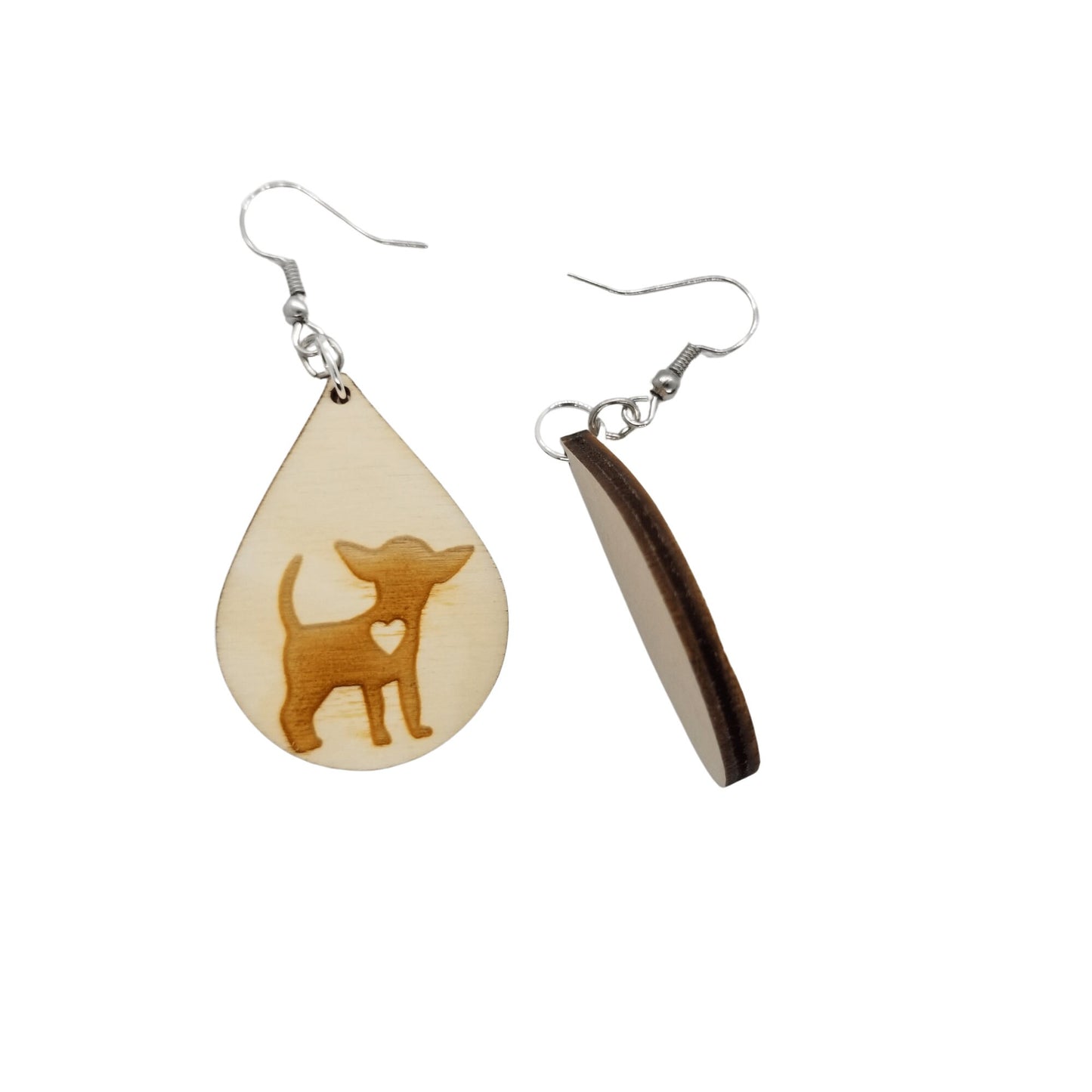 Wood Earrings - Chihuahua Dog with Heart Engraved Teardrop Wood Earrings - Dangle Earrings - Gift