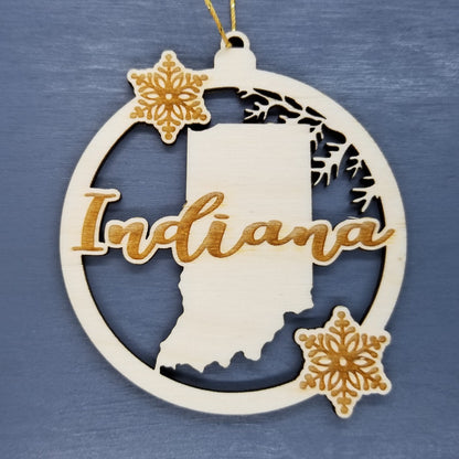 Indiana Ornament - State Shape with Snowflakes Cutout IN Souvenir - Handmade Wood Ornament Made in USA Christmas Decor