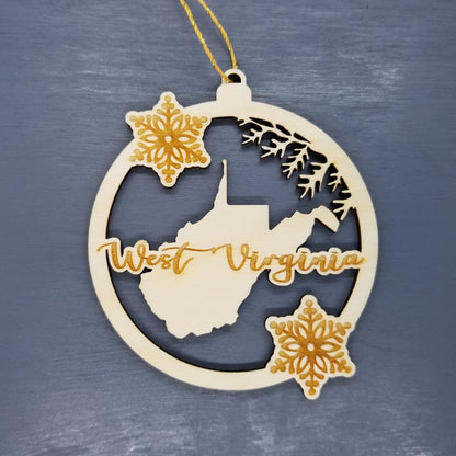 West Virginia Wood Ornament - WV State Shape with Snowflakes Cutout - Handmade Wood Ornament Made in USA Christmas Decor