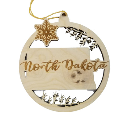 North Dakota Wood Ornament -  ND State Shape with Snowflakes Cutout - Handmade Wood Ornament Made in USA Christmas Decor