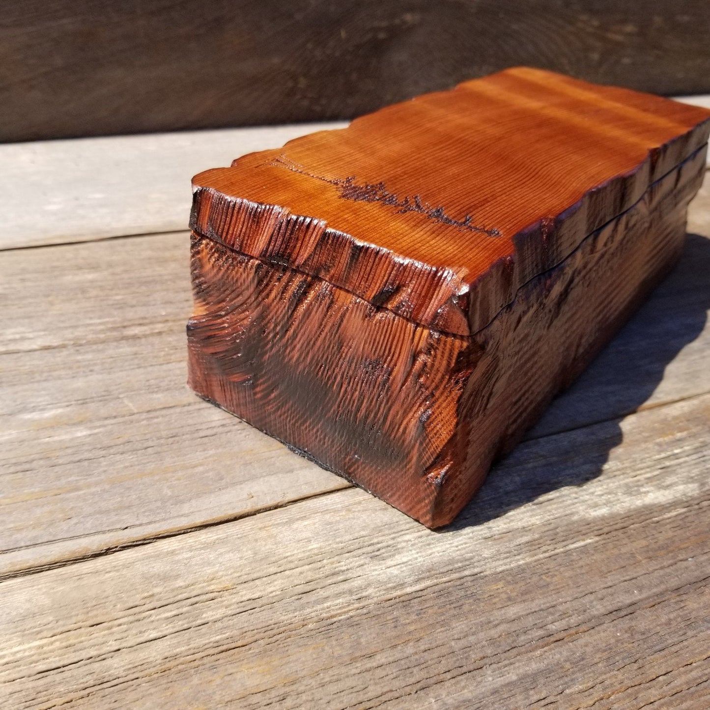 Handmade Wood Box with Redwood Tree Engraved Rustic Handmade Curly Wood #503 California Redwood Jewelry Box Storage Box