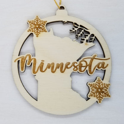 Minnesota Wood Ornament -  MN State Shape with Snowflakes Cutout - Handmade Wood Ornament Made in USA Christmas Decor