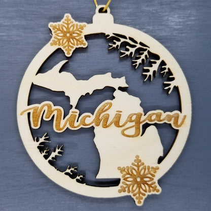 Michigan Wood Ornament -  MI State Shape with Snowflakes Cutout - Handmade Wood Ornament Made in USA Christmas Decor