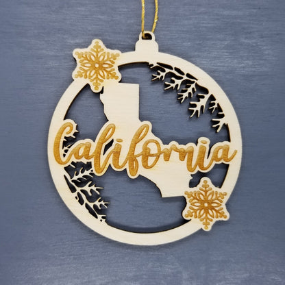 California Wood Ornament -  CA State Shape with Snowflakes Cutout - Handmade Wood Ornament Made in USA Christmas Decor