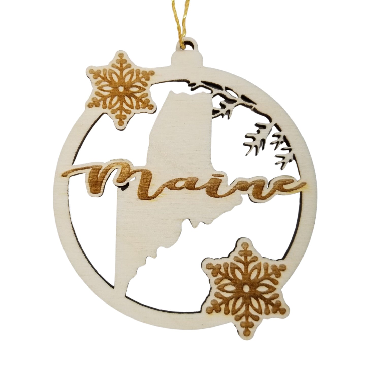 Maine Wood Ornament -  State Shape with Snowflakes Cutout ME - Handmade Wood Ornament Made in USA Christmas Decor