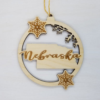 Nebraska Wood Ornament -  State Shape with Snowflakes Cutout NE- Handmade Wood Ornament Made in USA Christmas Decor