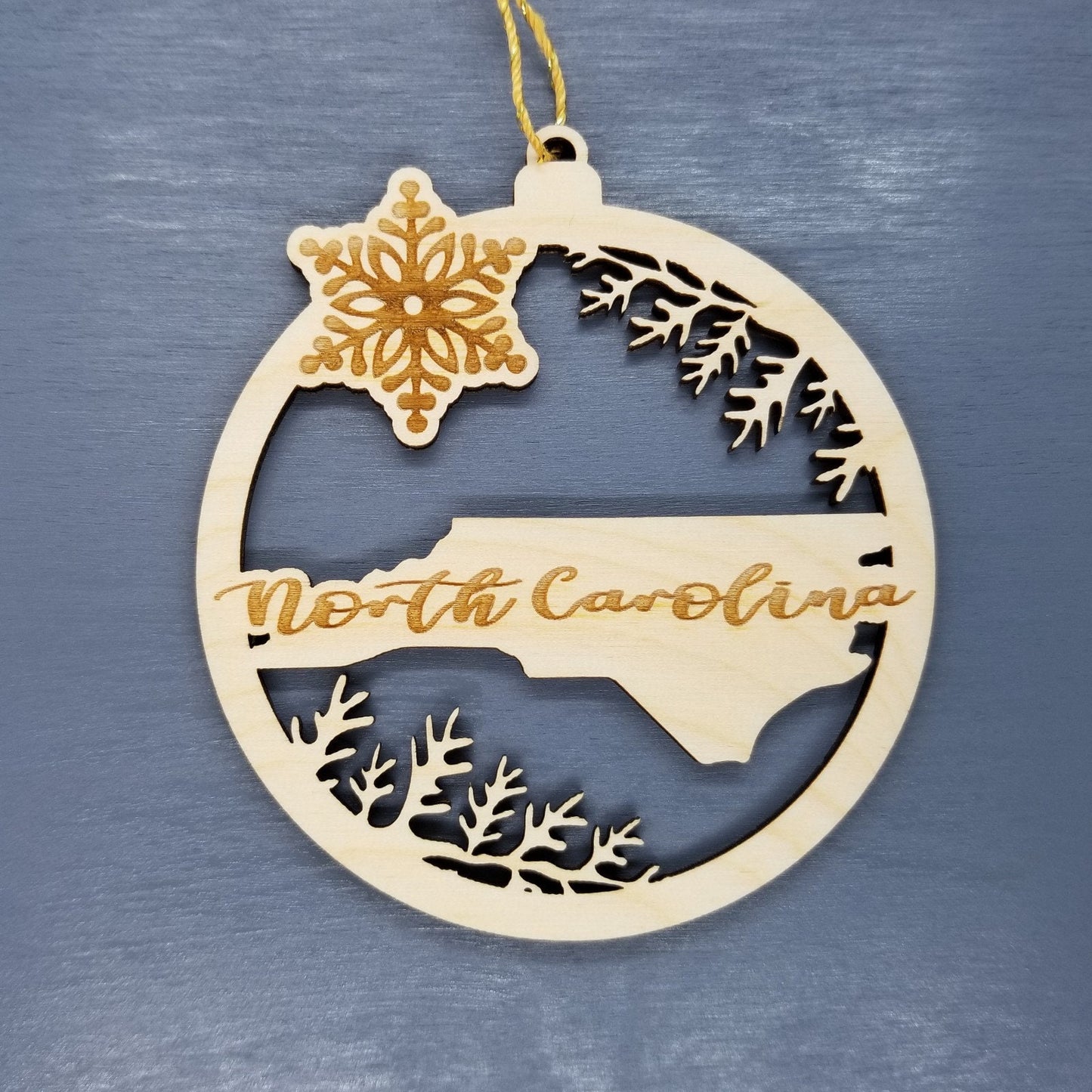 North Carolina Wood Ornament -  NC State Shape with Snowflakes Cutout - Handmade Wood Ornament Made in USA Christmas Decor