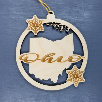 Ohio Wood Ornament -  State Shape with Snowflakes Cutout OH - Handmade Wood Ornament Made in USA Christmas Decor