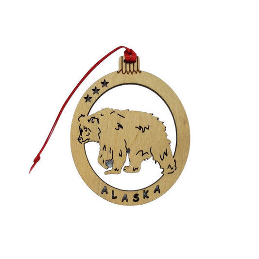 Bear Alaska Christmas Ornament Wood Laser Cut - Handmade in USA Travel Gift - Souvenir Memento - Stars