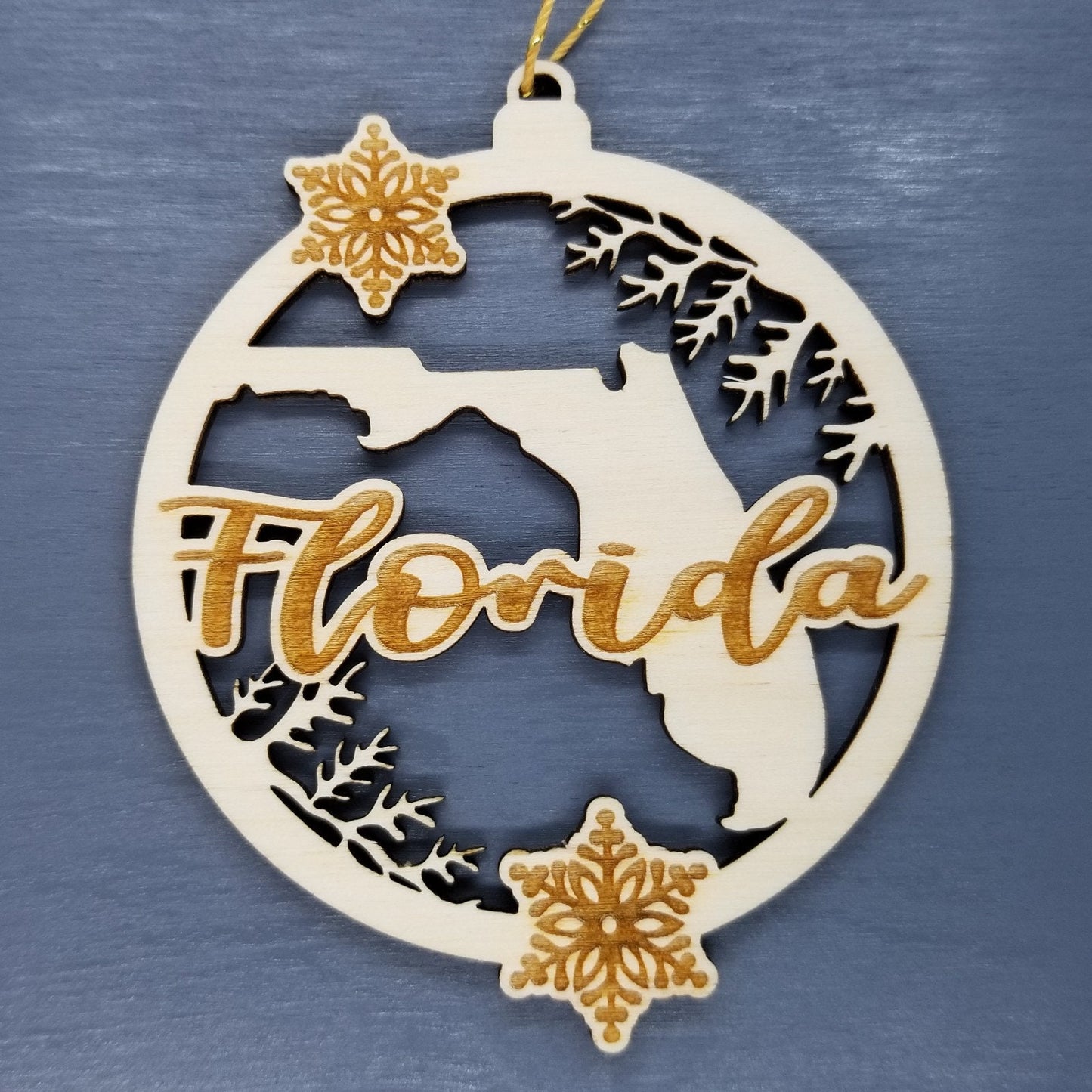 Florida Wood Ornament -  FL State Shape with Snowflakes Cutout - Handmade Wood Ornament Made in USA Christmas Decor