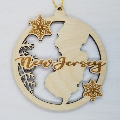 New Jersey Ornament - State Shape with Snowflakes Cutout NJ - Handmade Wood Ornament Made in USA Christmas Decor