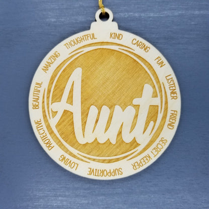 Aunt Christmas Ornament - Character Traits - Handmade Wood Ornament -  Gift for Aunt- Aunt Gift - Kind Caring Fun Amazing Thoughtful 3.5"