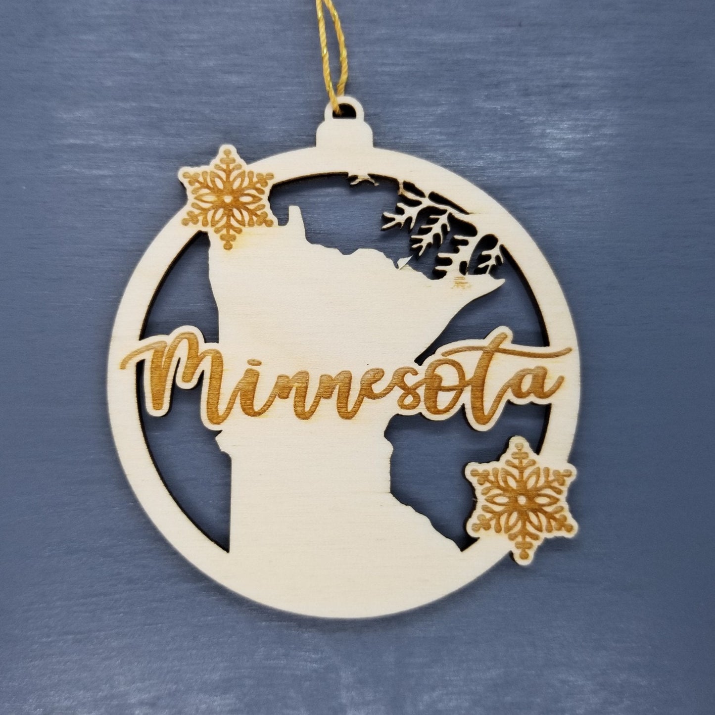 Minnesota Wood Ornament -  MN State Shape with Snowflakes Cutout - Handmade Wood Ornament Made in USA Christmas Decor