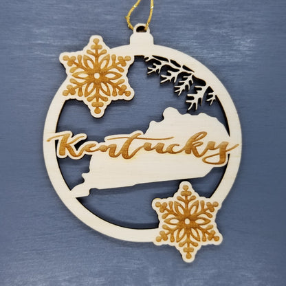 Kentucky Wood Ornament -  KY State Shape with Snowflakes Cutout - Handmade Wood Ornament Made in USA Christmas Decor