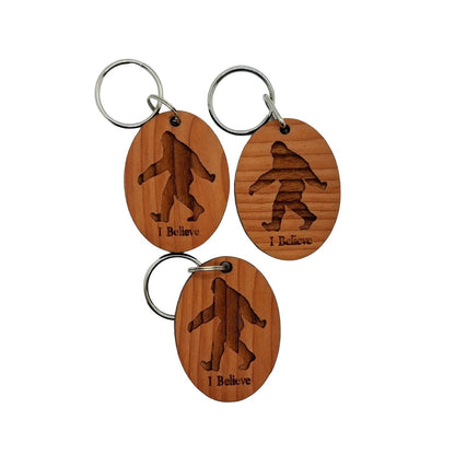 Bigfoot I Believe Wood Keychain Sasquatch Redwood - Bigfoot Believer Gift