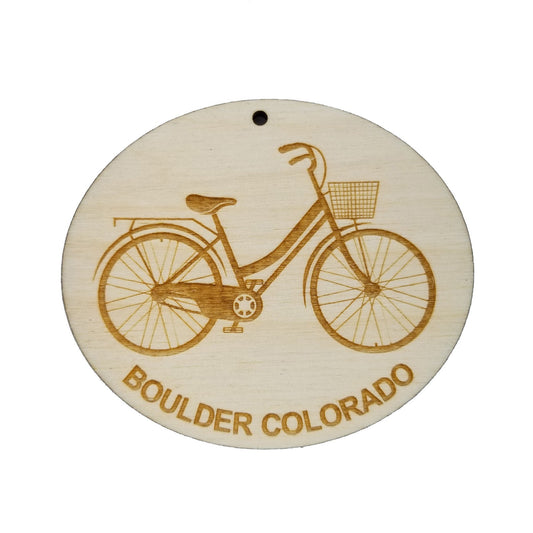 Boulder Colorado Ornament - Womens Bike or Bicycle - Handmade Wood Ornament Made in USA Christmas Decor