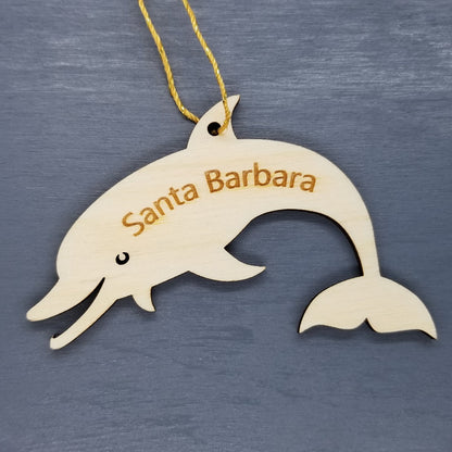 Santa Barbara California Ornament - Handmade Wood Ornament - CA Smiling Dolphin Horizontal - Christmas Ornament 3 Inch