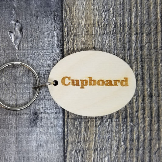 Cupboard Door Wood Keychain Key Ring Keychain Gift - Key Chain Key Tag Key Ring Key Fob - Cupboard Text Key Marker