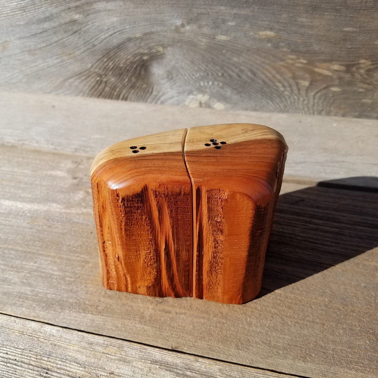 Redwood Salt and Pepper Shakers Set Souvenir California 2 Tone Handmade Rustic Unique Shape Handcrafted Wood Shakers Set #328