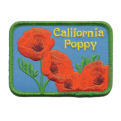 California Poppy Patch State Flower Embroidered Souvenir Rectangle 3.5" Iron On Badge Emblem Applique