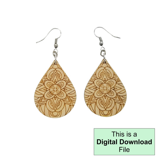 Floral Mandala Geometric Teardrop Dangle Earrings Boho Laser Cut and Engrave SVG File Engrave Only Digital Download Cut Your Own Pattern