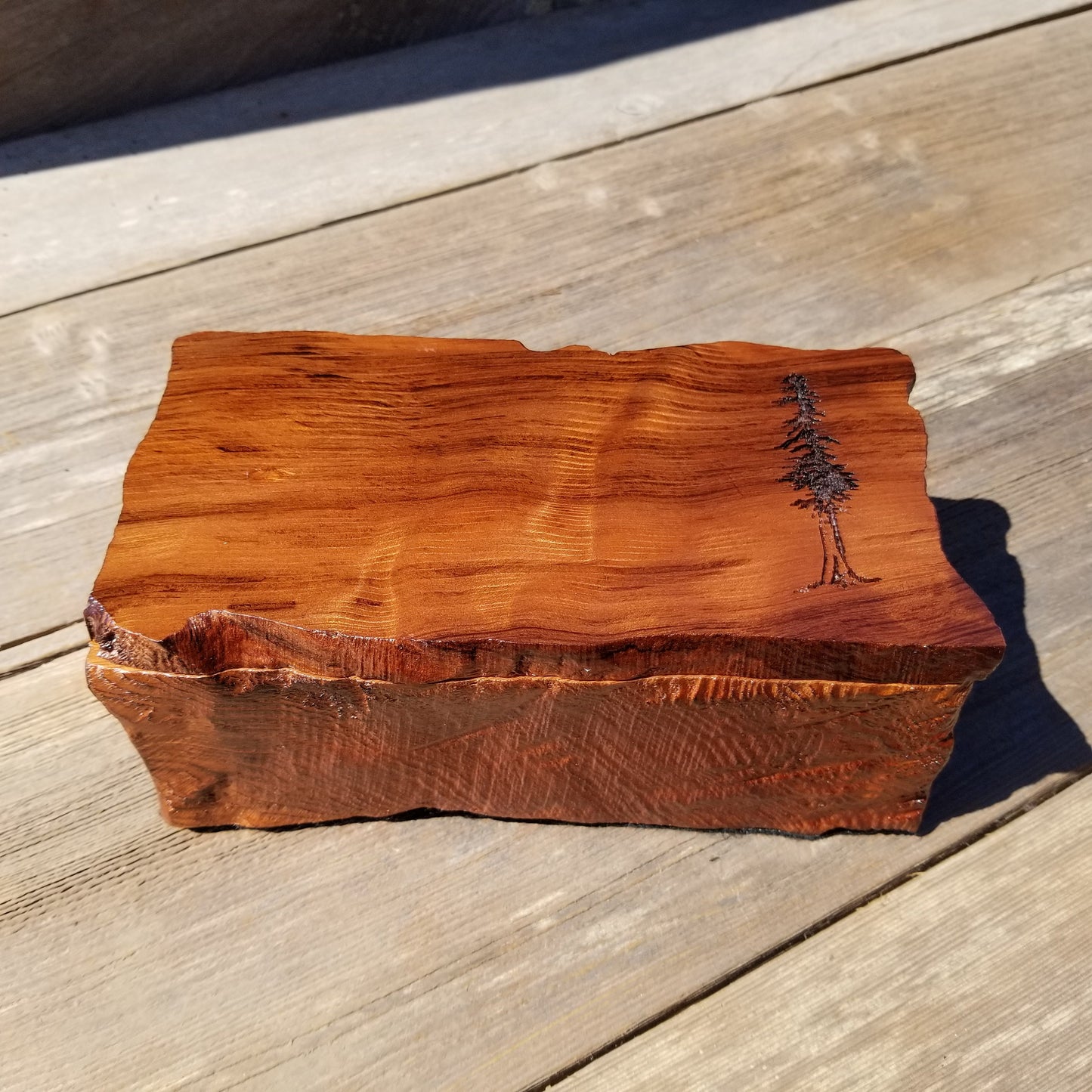 Handmade Wood Box with Redwood Tree Engraved Rustic Handmade Curly Wood #397 California Redwood Jewelry Box Storage Box