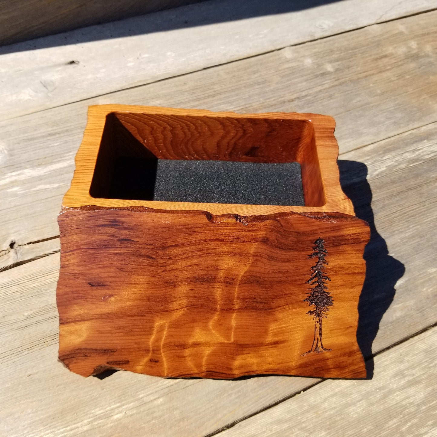 Handmade Wood Box with Redwood Tree Engraved Rustic Handmade Curly Wood #397 California Redwood Jewelry Box Storage Box