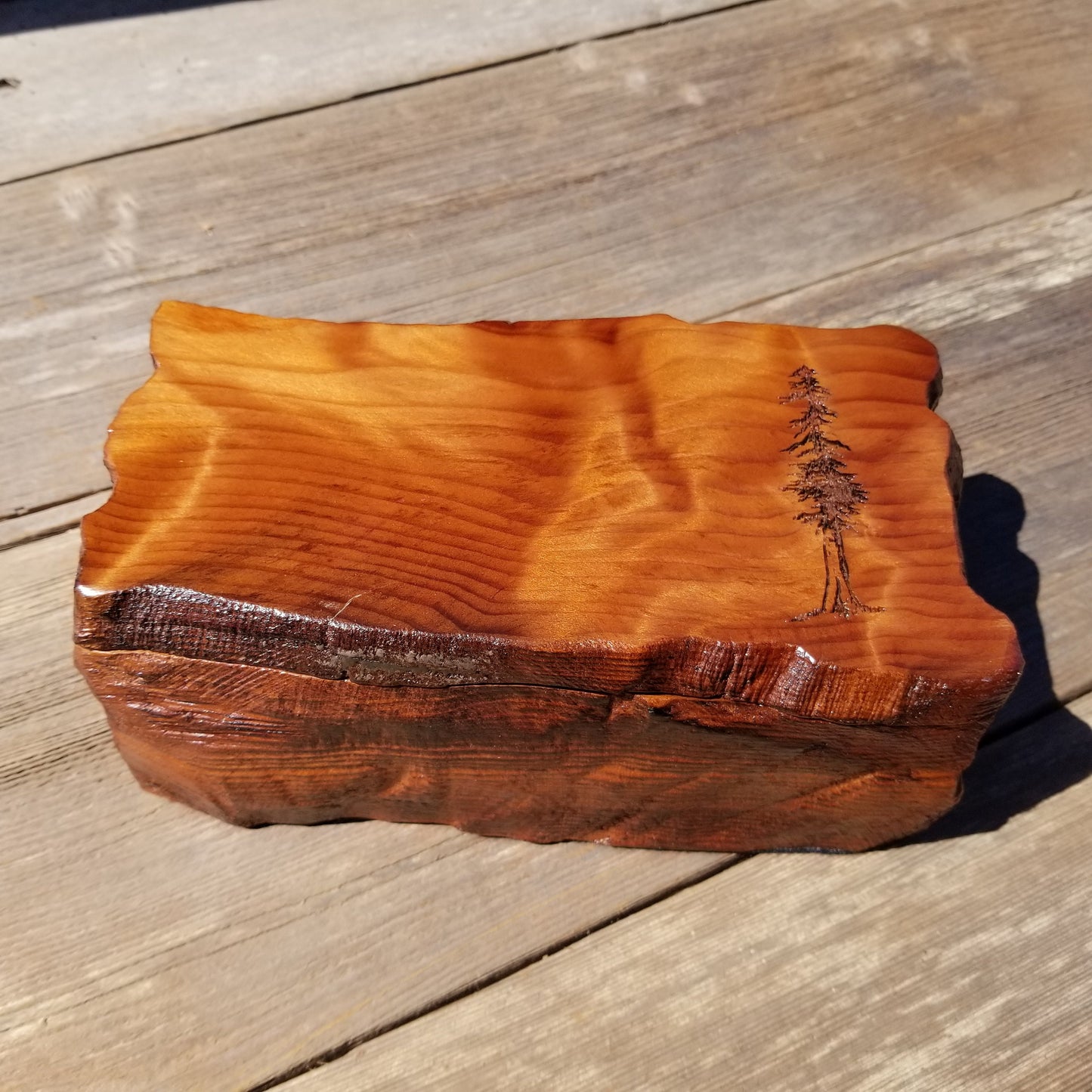 Handmade Wood Box with Redwood Tree Engraved Rustic Handmade Curly Wood #396 California Redwood Jewelry Box Storage Box