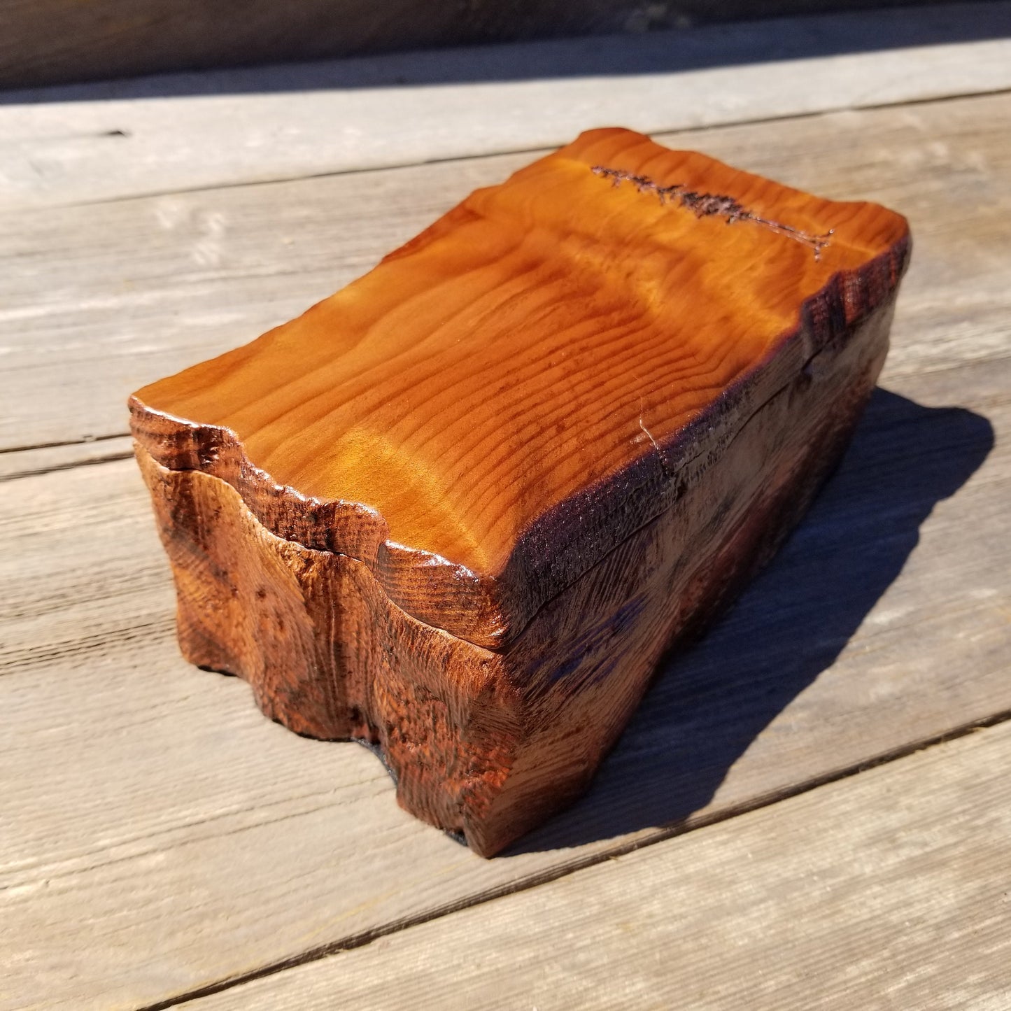 Handmade Wood Box with Redwood Tree Engraved Rustic Handmade Curly Wood #396 California Redwood Jewelry Box Storage Box